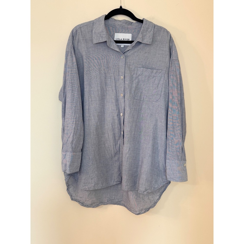 Lola River Blue Cotton Button Down Shirt Oversized High Low Chambray Top - Picture 2 of 5